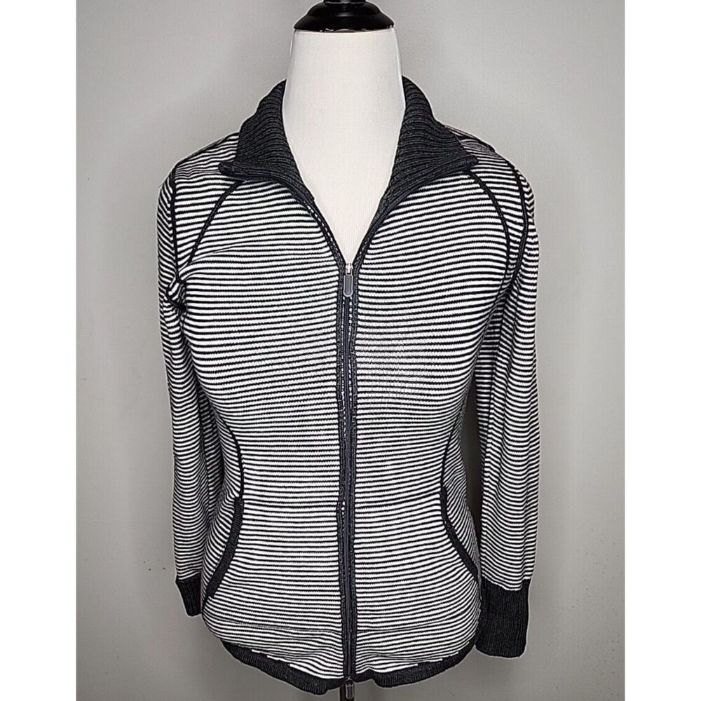 EDDIE BAUER Gray & White Striped Cotton Blend Zip Cardigan Sweater Sz M EUC